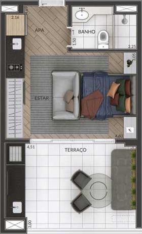 Planta do Apartamento Studio de 40m2 do Gran Maia Giardino