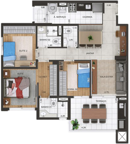 Planta do Apartamento de 88m2 do Gran Maia Piazza